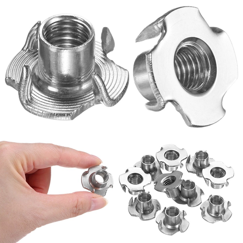10-Pack M10x12.7mm T-nut, Stainless Steel 4-Pronged Tee Nut Threaded Insert
