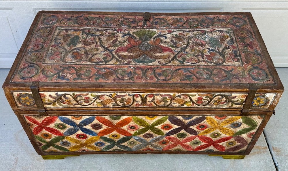Museum-Quality 18th C.Peruvian Spanish Colonial Polychromed Leather Dowry Trunk