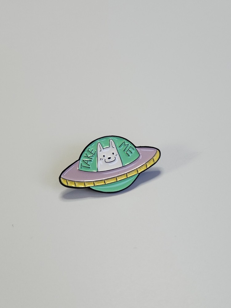 Take Me White Dog Spaceship Lapel Pin