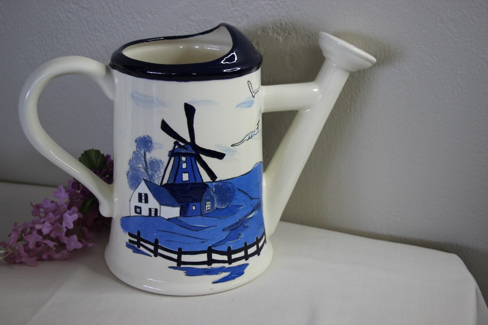Holland Theme Ceramic Watering Can Windmill Hand Painted