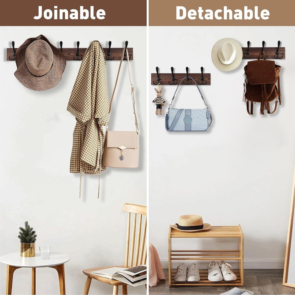 Chic Wall-Mount Coat Rack 32.2'' with 8 Functional Triple Hooks in Rustic Style
