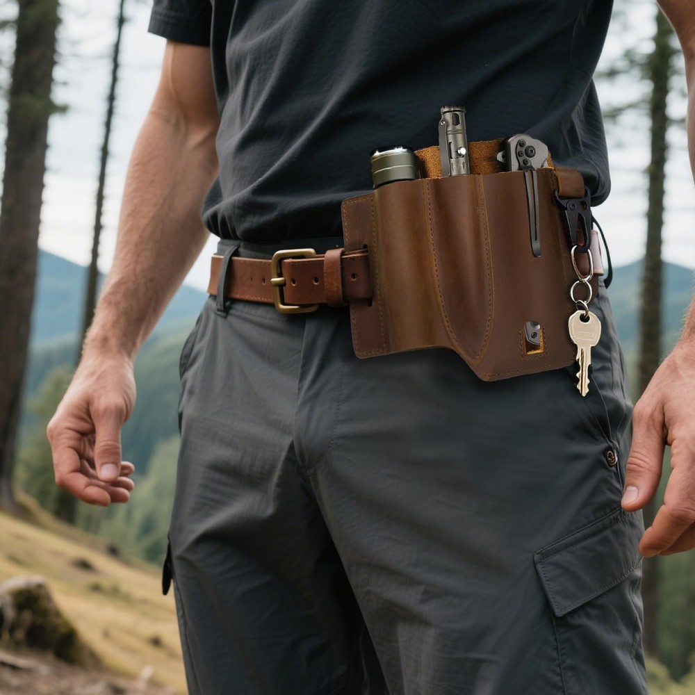Jack&Chris Leather EDC Multitool Sheath for Belt, Belt Organizer Brown