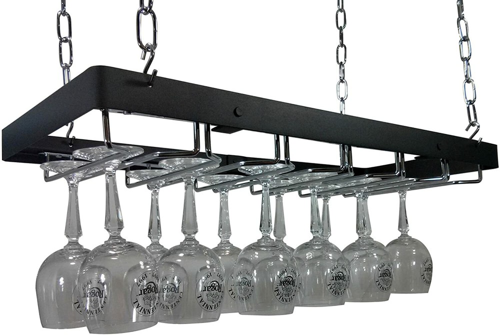 Rogar Hanging Wine Glass Rack- Black or Hammered Steel