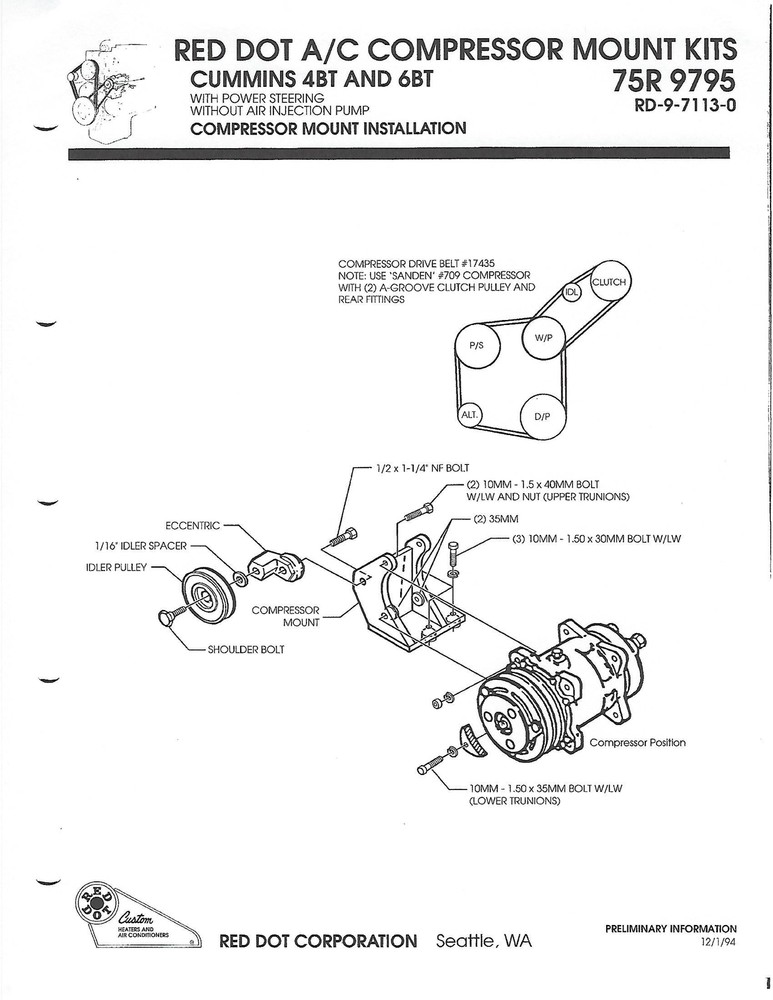 AC Compressor Mount Kit for Cummins 4BT 6BT Engines 75R9795
