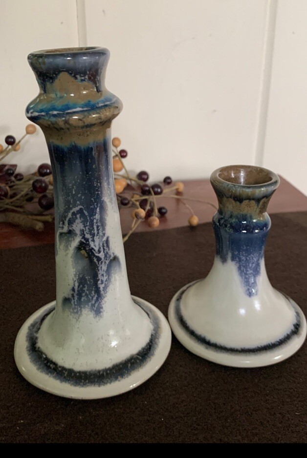 Blue Drip Glaze Soldier Pottery Stoneware Candlesticks