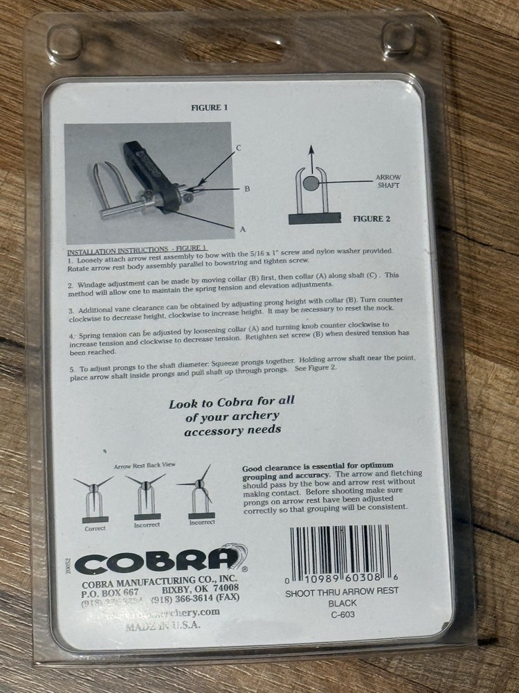 Cobra Shoot Thru Arrow Rest Black Adjustable