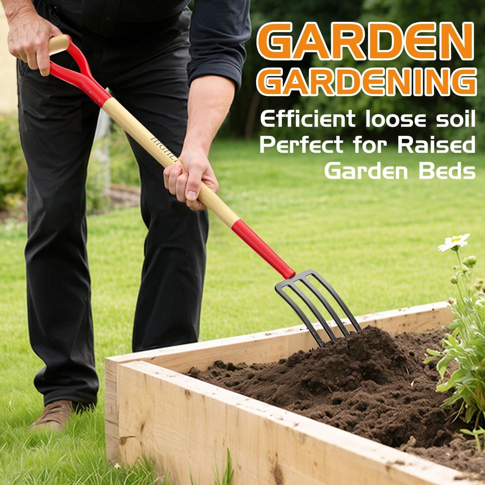Garden Fork, 4-Tine Spading Fork, Compost Fork, Steel Digging Fork, 45Inch, S...