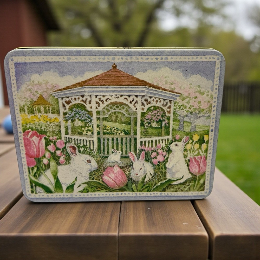 Spring Easter Bunny Rabbits Tulips Pastel Rocky Mountain Chocolate Tin-empty