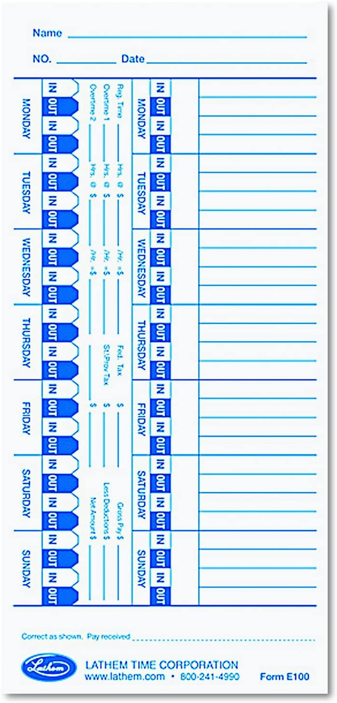 Time Cards for Electronic Side-Print Time Clocks, Weekly, 1-Sided, 4" X 9", Box