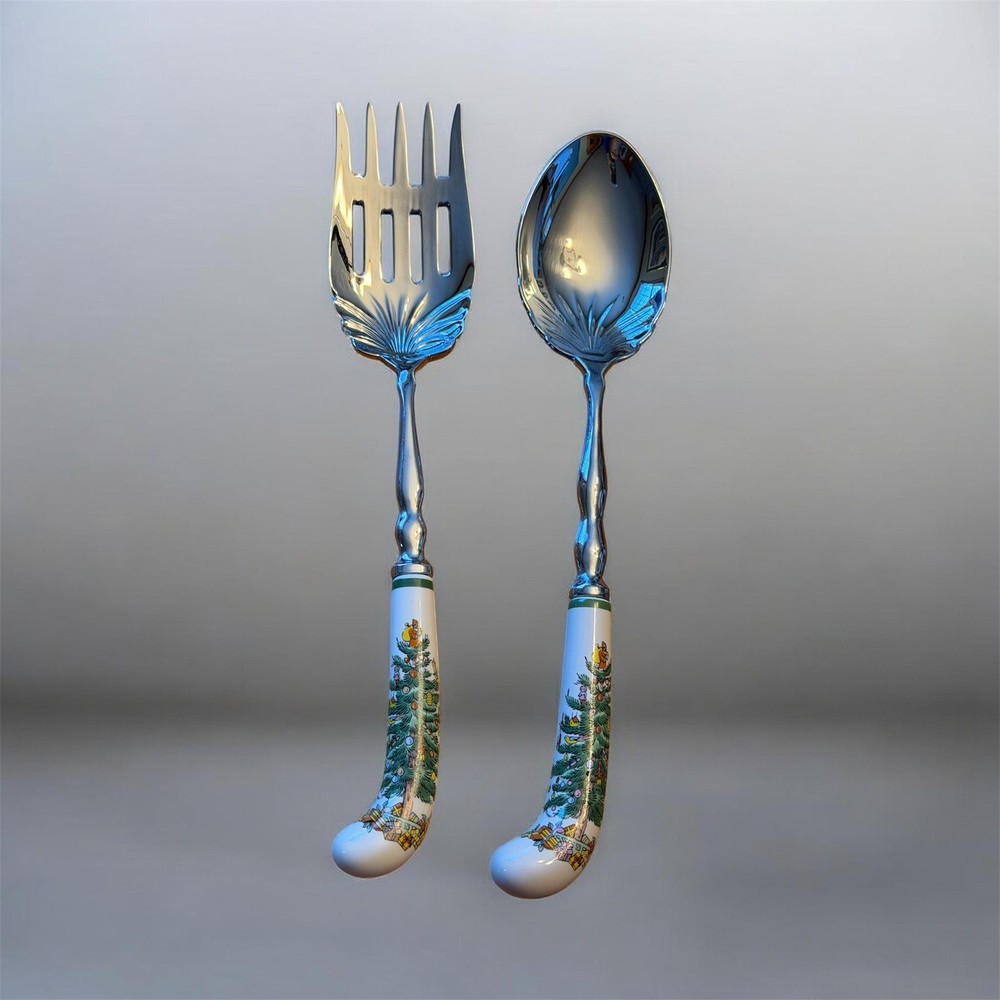 SPODE Christmas Tree Serving Spoon & Meat Fork Set Holiday Servers
