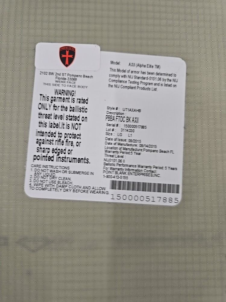 PB Alpha Elite AXII Soft Armor Inserts Large Front/Back