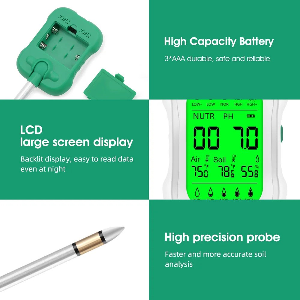 7-in-1 Soil pH Meter Rotatable Backlit Display Nutrient Analyzer Moisture Sensor