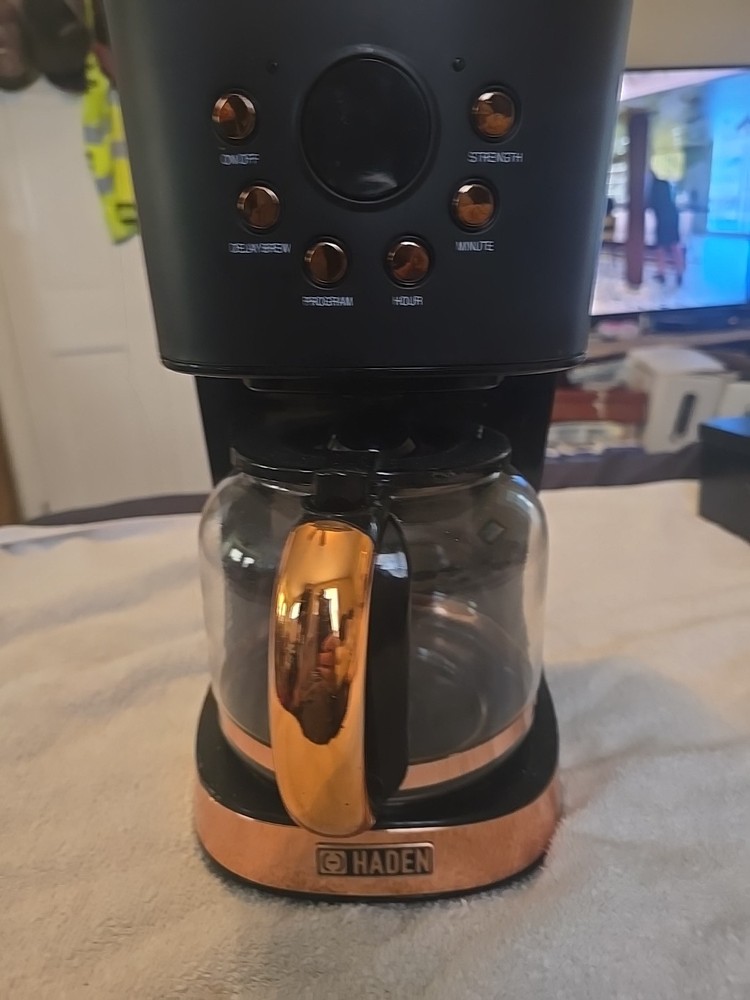 Haden Coffee Machine, 12 Cup Programmable Drip Coffee Maker, Black & Copper