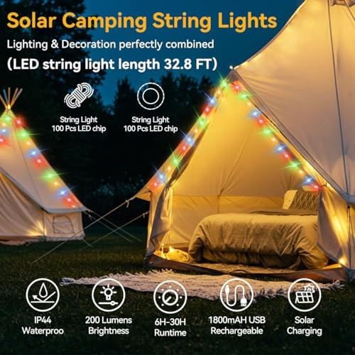 40FT Solar Camping String Lights, Rechargeable String Lights with 8 39.4FT
