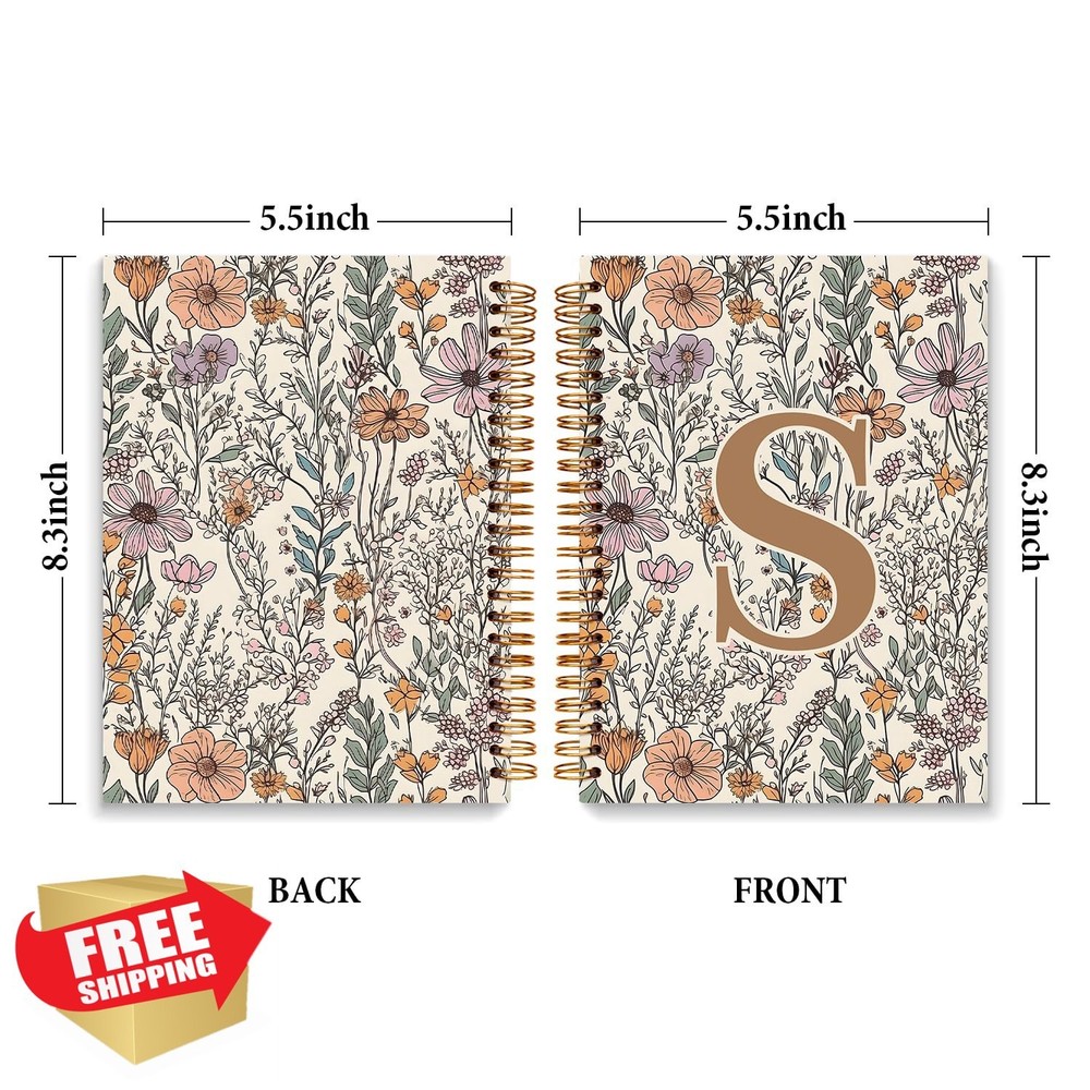 JXREQ Boho Floral Notebook, Initial S Monogram Spiral Journal