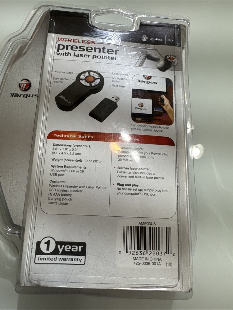 Targus Wireless Presenter with Laser Pointer 30 Ft Range NEW U5