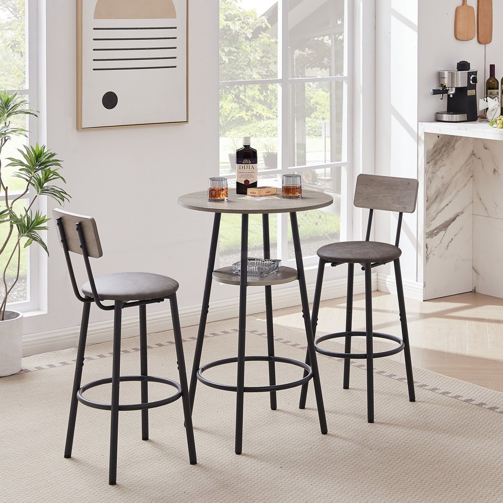 Round 3PCS Bar Stool Set with Shelf Upholstered Stool with Backrest Grey
