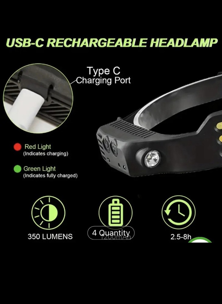 Four (4) COB Headlamp USB Rechargeable LED Torch Work