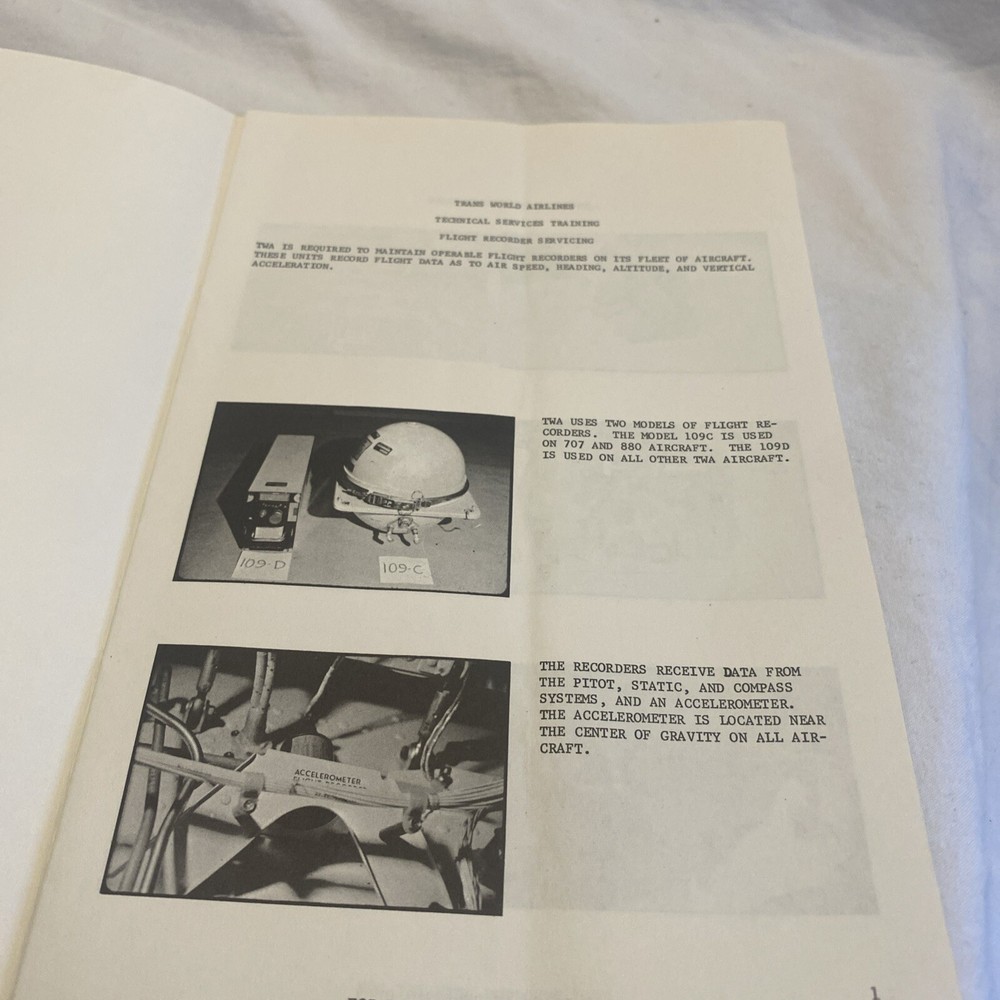TWA FLIGHT RECORDER SERVICING TECHINICAL SERVICES TRAINING MANUAL MAY 1969 16pgs