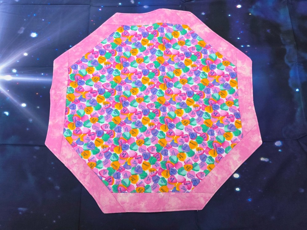 Handmade Quilted Octagon  table topper VALENTINE'S DAY candy conversation hearts