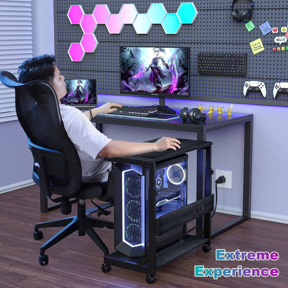 Height Adjustable Computer Tower Stand with Charge Station and 25.2", Black