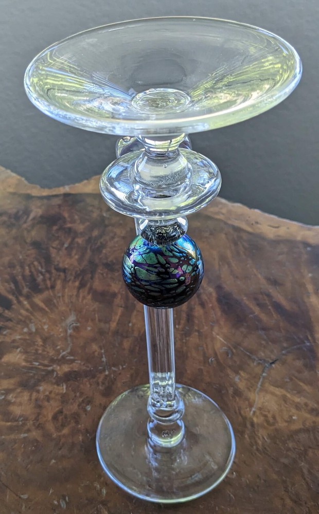 Handblown Clear Glass Candlestick With iridescent Orb 9.5"