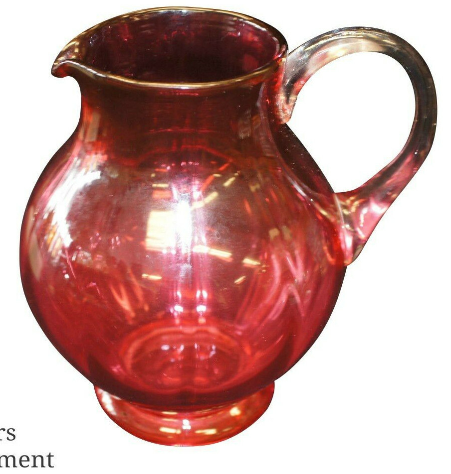 Antique Hand Blown Cranberry Ruby Pink Magenta Glass Handled Footed Pitcher