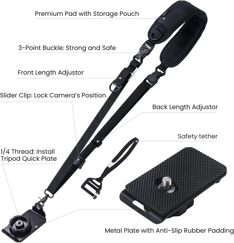 Waka Rapid Camera Neck Strap with Quick Release and Safety Tether, Black NEW