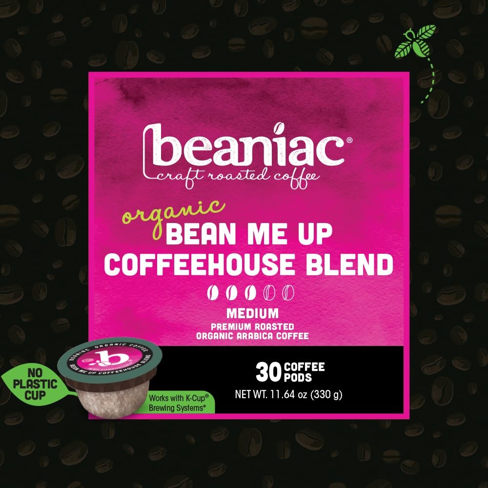 beaniac Organic Bean Me Up Coffeehouse Blend, Medium Roast, Single Serve Comp...
