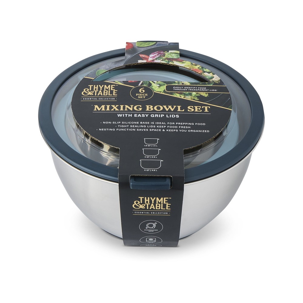 Thyme & Table 6-Piece Nesting Mixing Bowl Set with Easy Grip Transparent Lids
