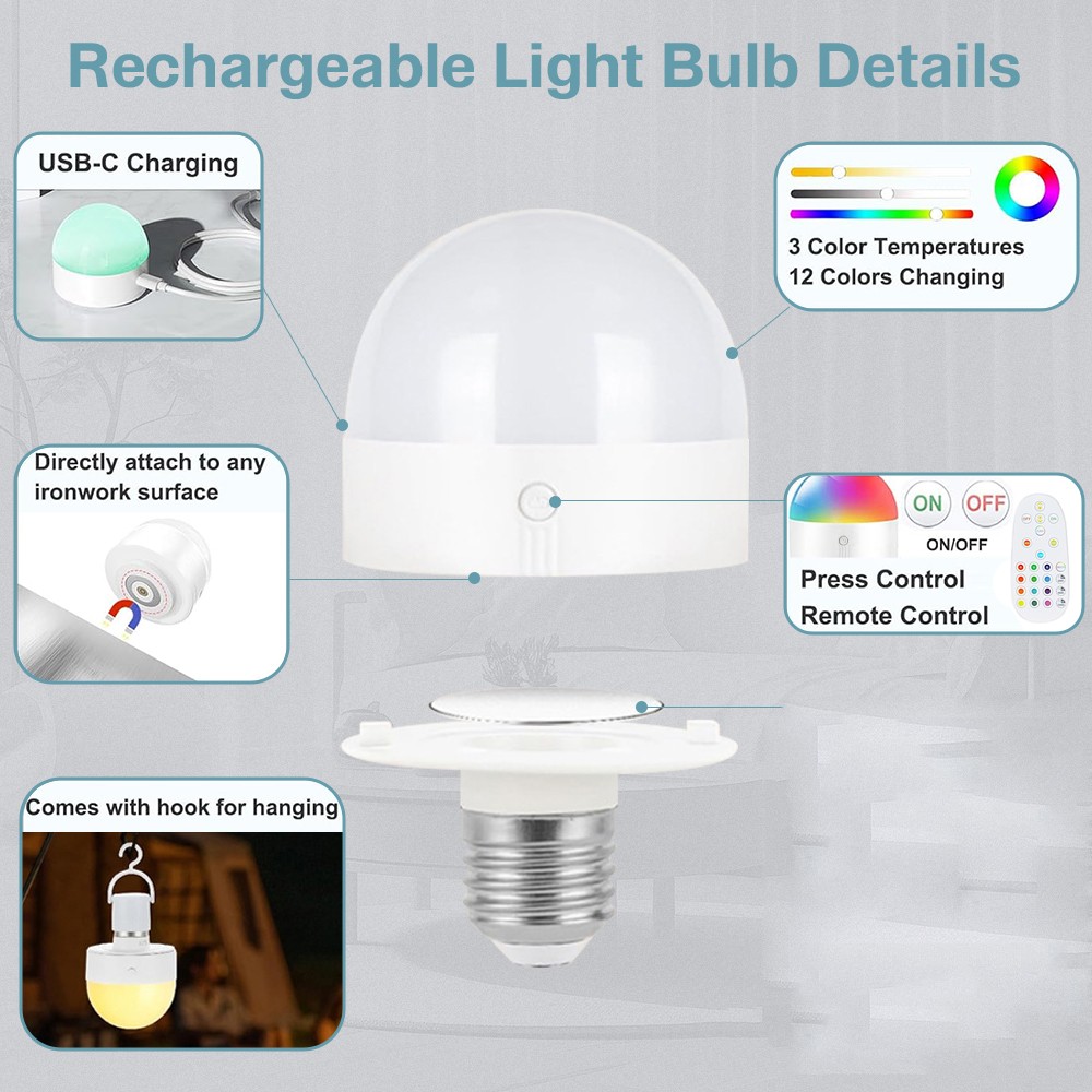 2PK Dimmable Light Bulbs Rechargeable Remote Control Battery Operated Light Bulb