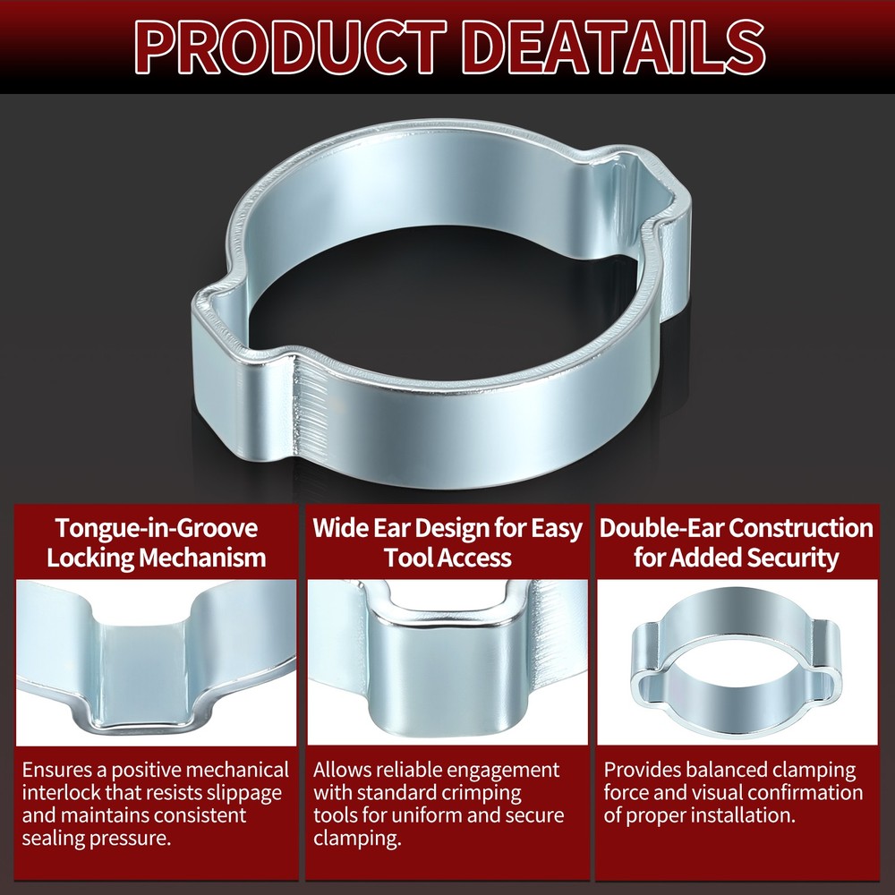 5 Pack Galvanizing Plate Double Ear Hose Clamps, Working Range 21-25mm
