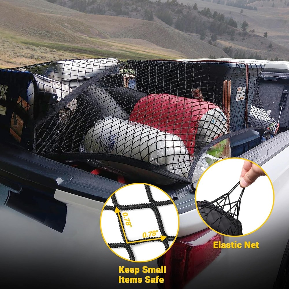 Truck Bed Cargo Net Highly Elastic Stretchable 7ft x 7ft Small Mesh Durable Stor