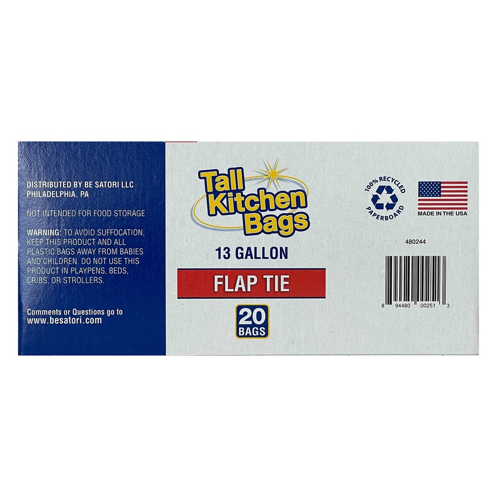 (3 Pack) Basic Kitchen Trash Bags, 13 Gallon, 20 Bags (Flap Tie)