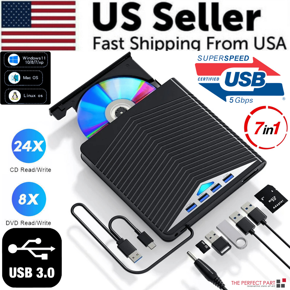 USB 3.0 External CD DVD Drive Burner Reader Writer PC Laptop Windows 11/10