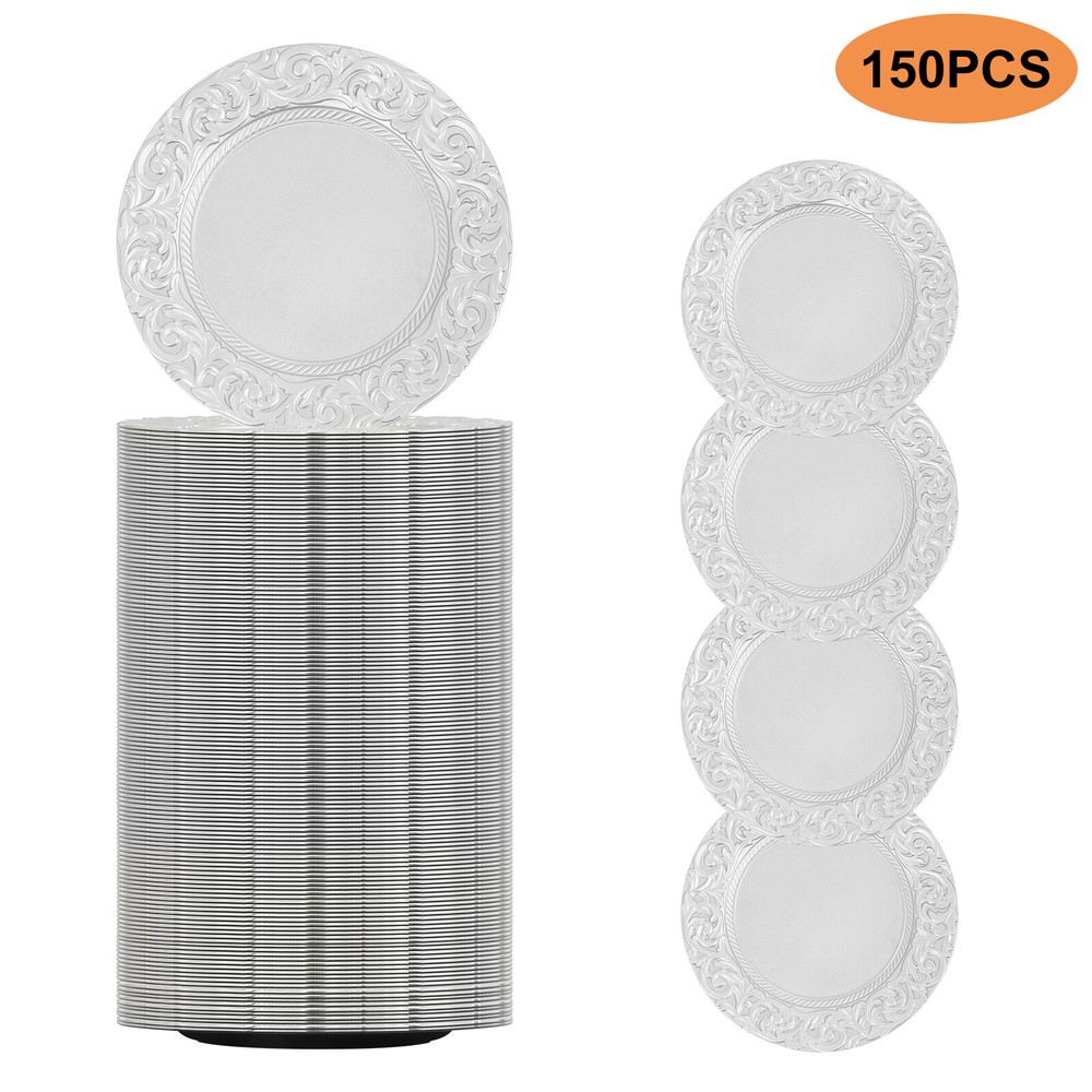 150pcs Plates Set, Silver Round Plates with Patterns, Reusable, for Restaurant