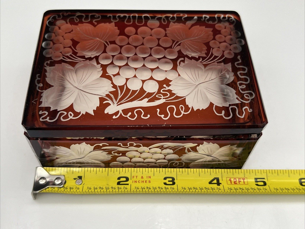 Vintage Ruby Stained Cut Glass Engraved Grape Vine Lidded Glass Cigarette Box