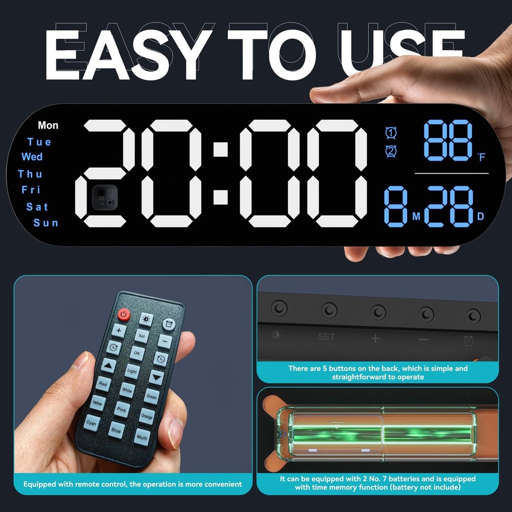 13.7 Inch Large Wall Clocks, Kitchen Wall Clock with Remote Control RGB Night...