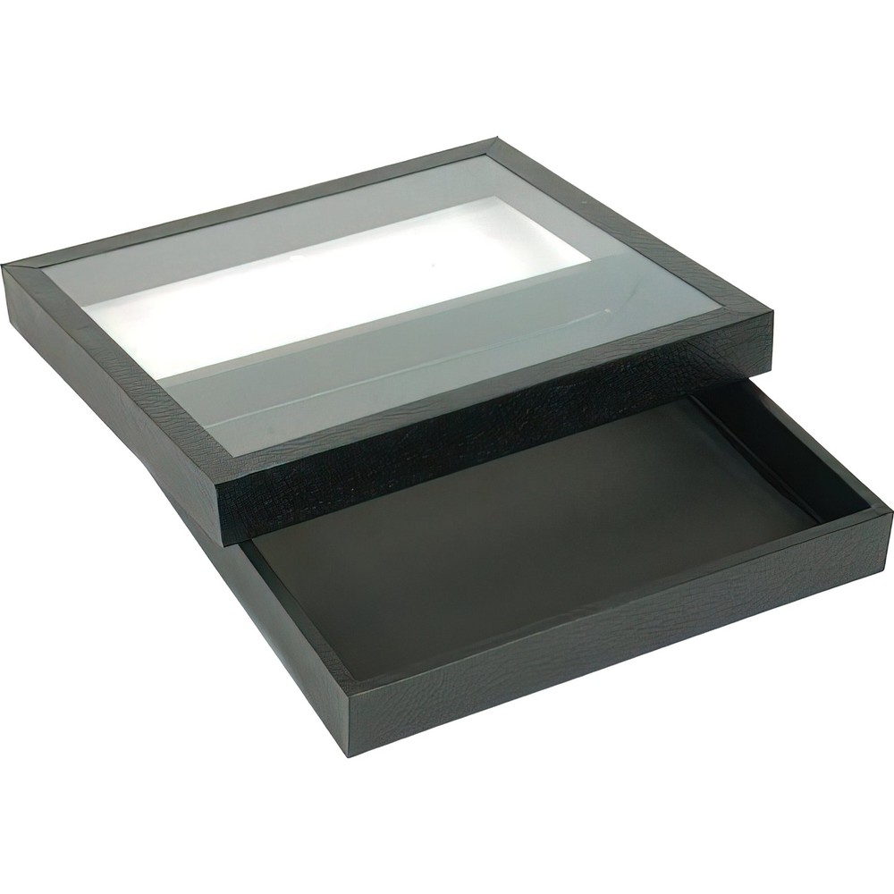 Black Square Display Case (Glass-top Removable Lid) w/ White Leather Pad Insert