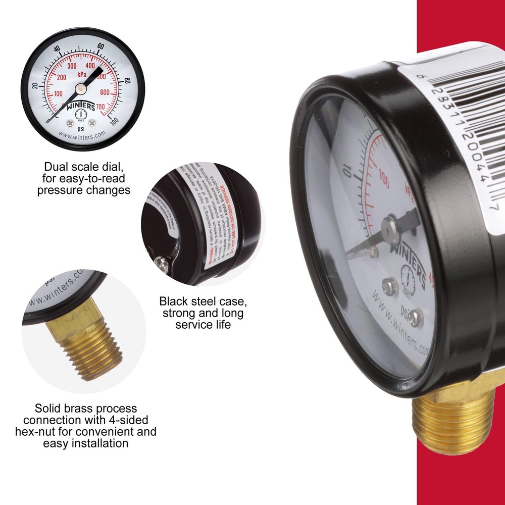 Winters 2 inch Dial Size, Multi Function Economy Utility Dry Pressure Gauge, ...