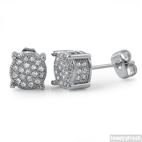 7mm Small 360 Iced Out Round Silver Stud Earrings