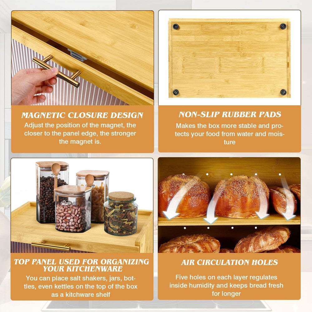 Joyvilla Double Layer Bamboo Bread Box for Kitchen Countertop, Bread Storage ...