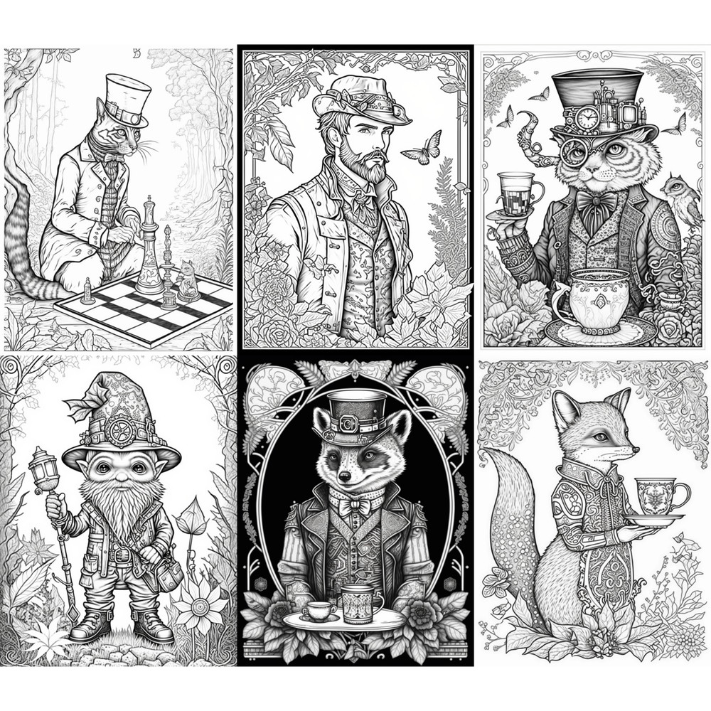 30 Steampunk Coloring Pages Printable & POD Permission