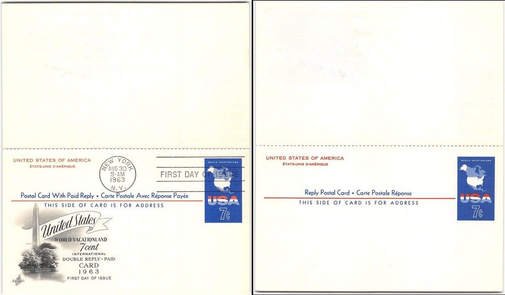 US #UY19 First Day, 1963, Message Reply, 7c US Map, unsevered, Art Craft