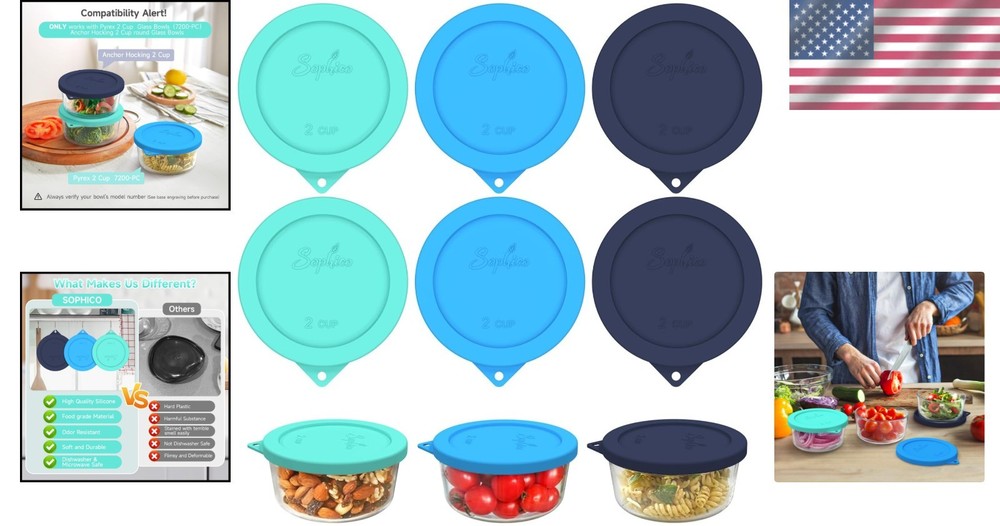 6-Pack 2 Cup Round Silicone Storage Lids - Leak-Proof, Dishwasher Safe Design