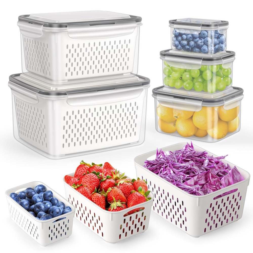 HOTEC 5-Pack Large Fruit Storage Container for Fridge Leak proof with Removable