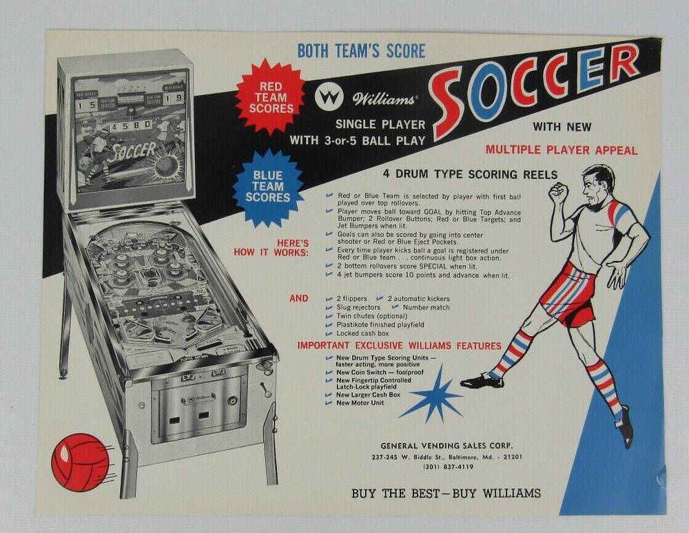 Williams Soccer Pinball Machine Advertising Flyer