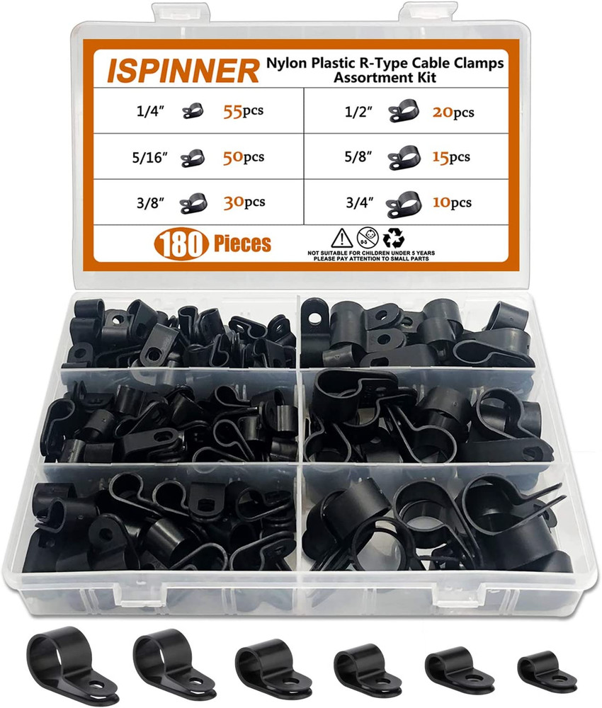180-Piece Nylon R-Type Cable Clamp Assortment Kit (Black)