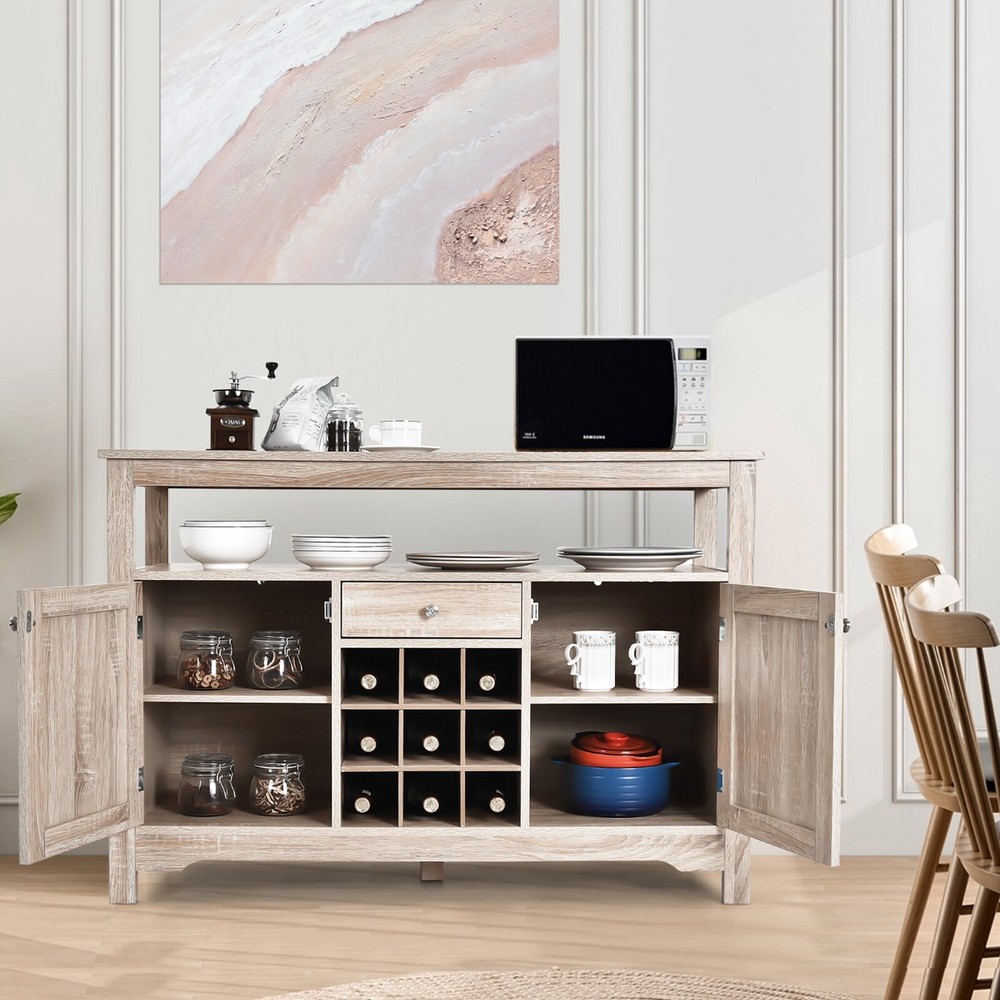 Sideboard Buffet Console Cabinet Table Storage Drawers Shelves Wine Rack Gray