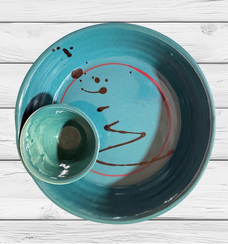 Teal Ceramic Chips & Dip Serving Bowl Abstract Design 10" Diameter